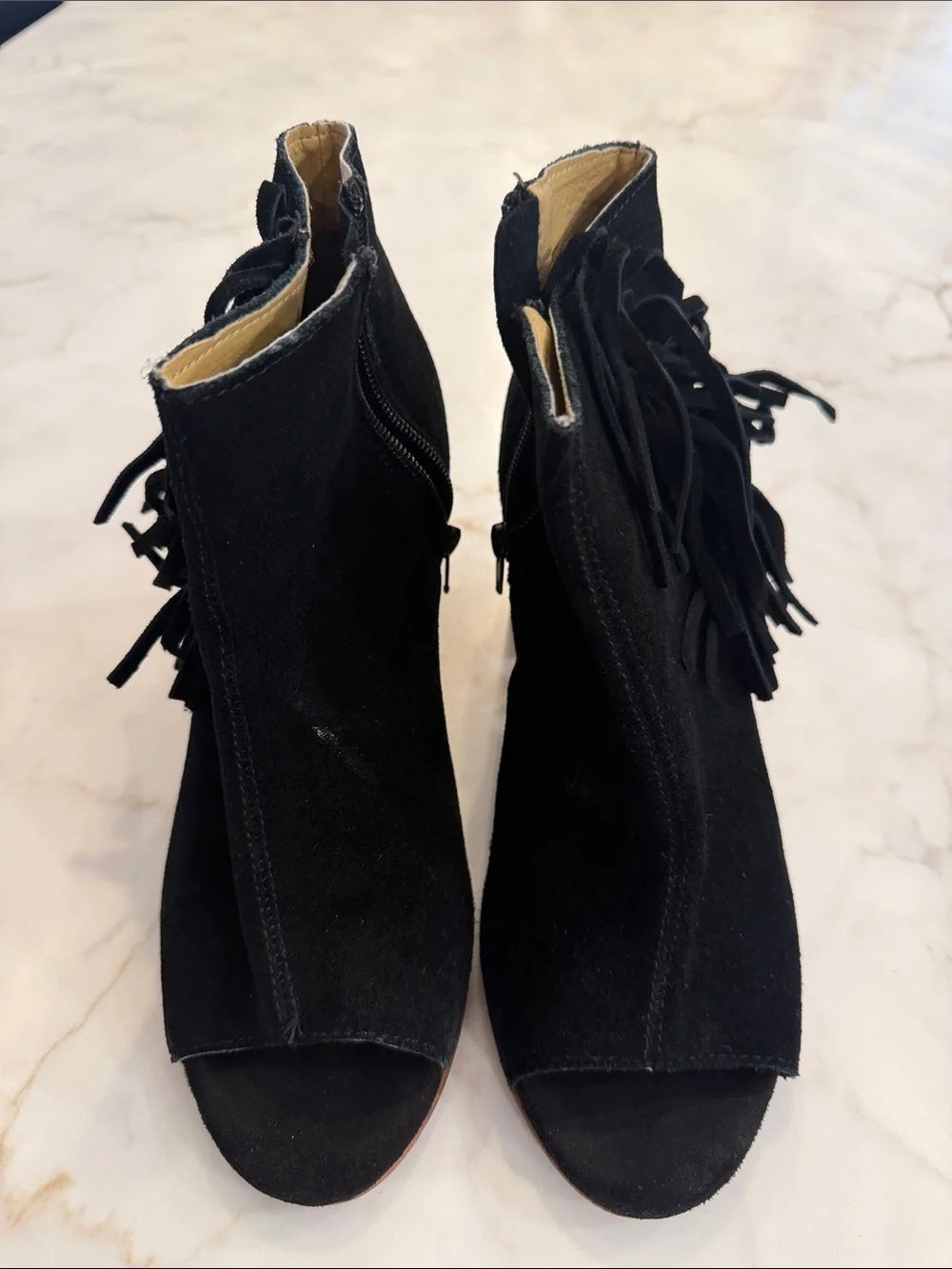 Kensie Black Suede Peep-Toe Fringe Ankle Booties